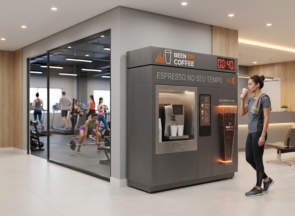 Quiosque Been On Coffee instalado na recepção de uma academia