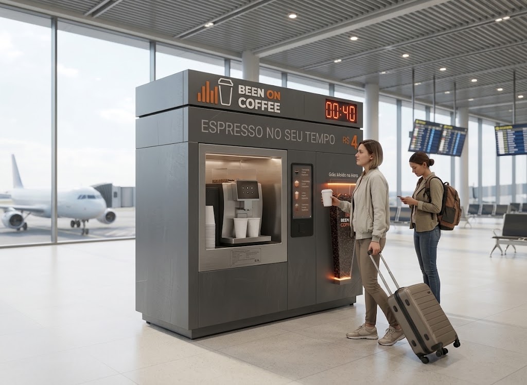 Quiosque Been On Coffee instalado em um saguão de aeroporto