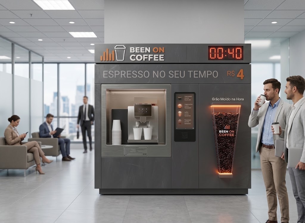 Quiosque Been On Coffee instalado no hall de um centro empresarial