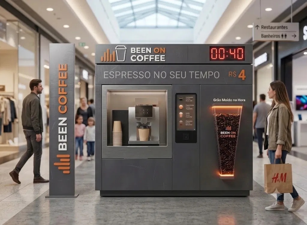Quiosque Been On Coffee instalado em um corredor de shopping