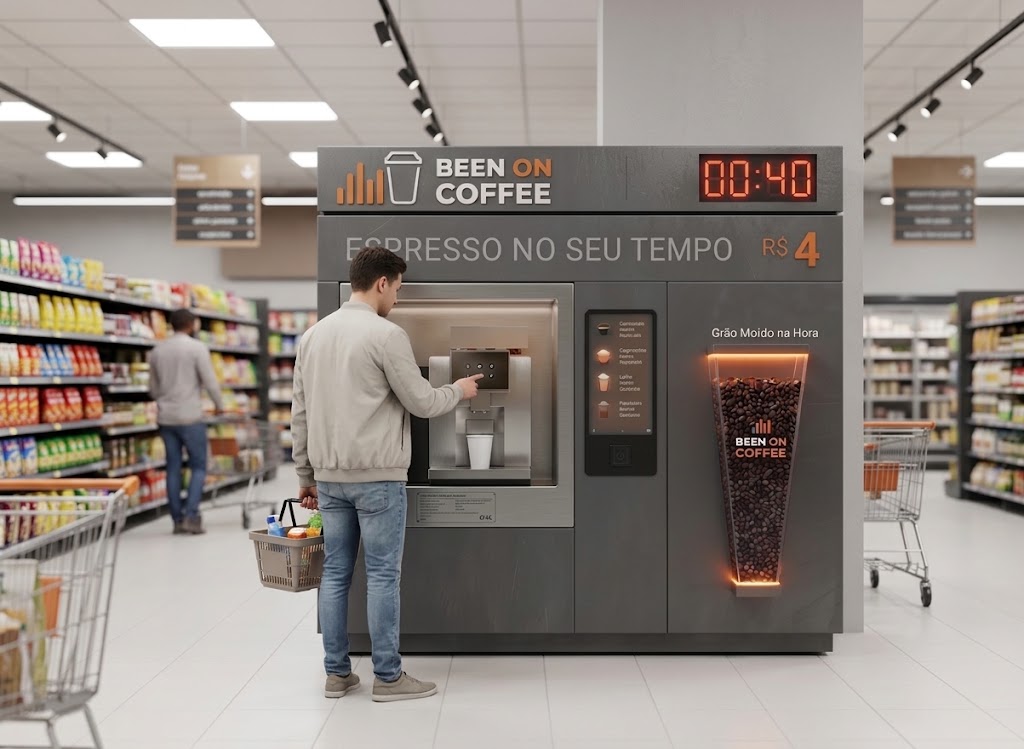 Quiosque Been On Coffee instalado no corredor de um supermercado