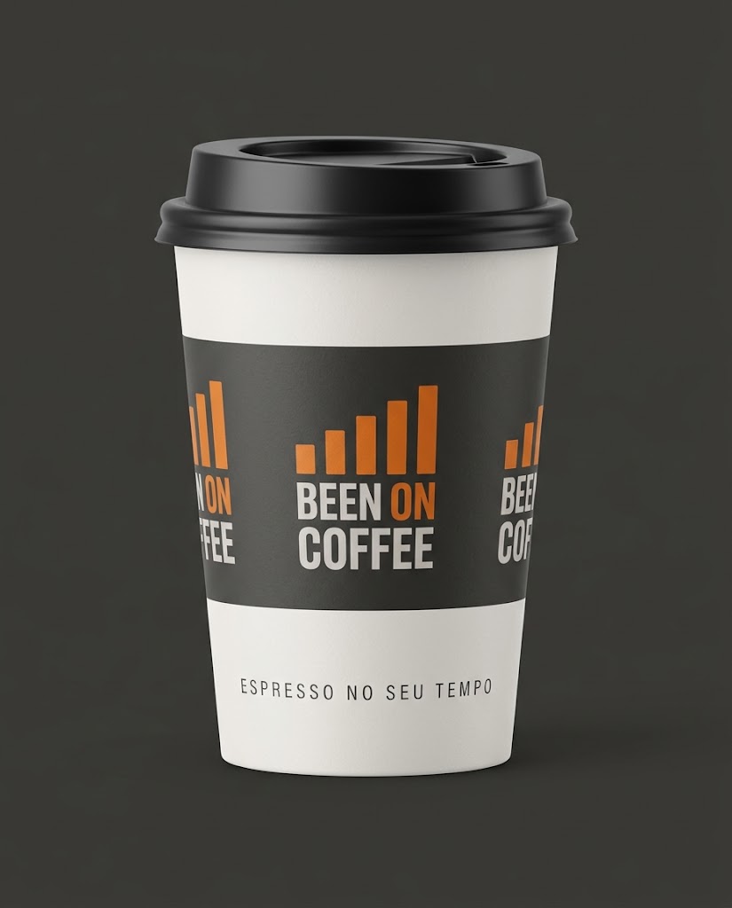 Copo Been On Coffee com a marca impressa e o slogan 'Espresso no seu tempo'