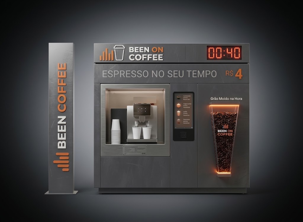 Quiosque de autoatendimento Been On Coffee completo — máquina, totem, display e dispenser de grãos